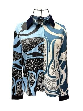 NWT Blue & Black Paisley Button-Up Silky Shirt Small